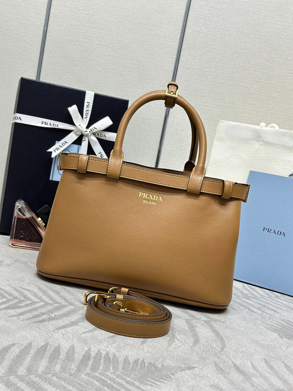 Pra 1BA418 Small Shopping Double Bag 28cm Brown Cowhide  267514