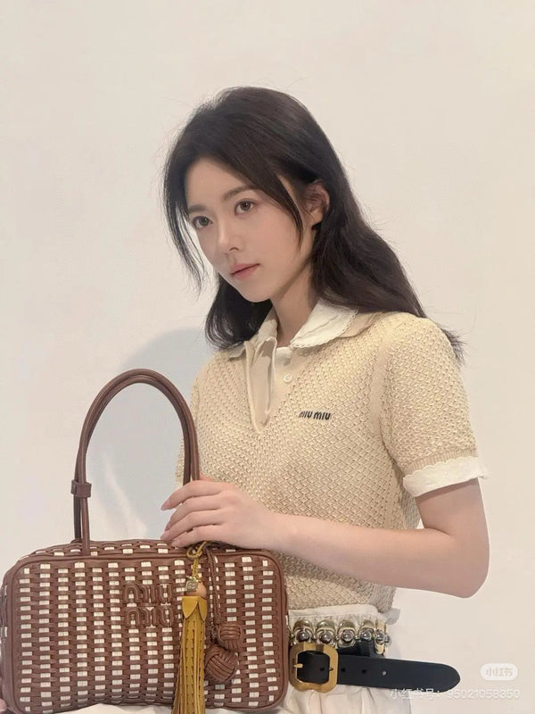 Miumiu Short-Sleeve Knitted Wool Cream Polo Shirt
