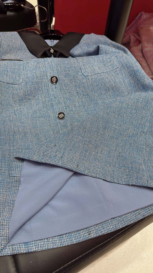 CC Vintage Suit Woolen Bow Neck Dress Blue Wool