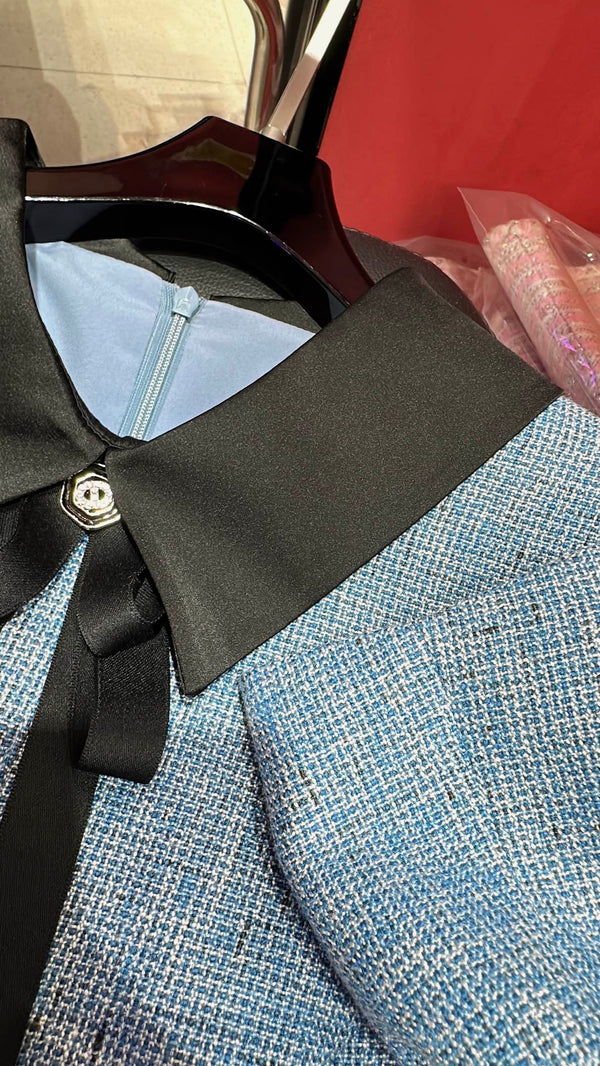 CC Vintage Suit Woolen Bow Neck Dress Blue Wool