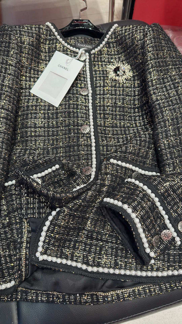 CC 25 Catwalk Style Custom Gold Woven Woolen Pearl Trim Black Coat