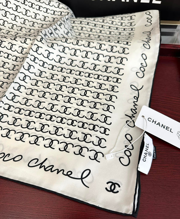 CC Square 90cm Double C White Silk Scarf 828790
