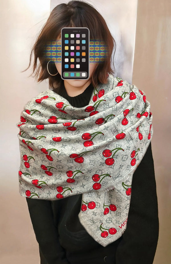 LV Double-Sided Cherry Square Scarf 140cm Gray Silk Cashmere 839717