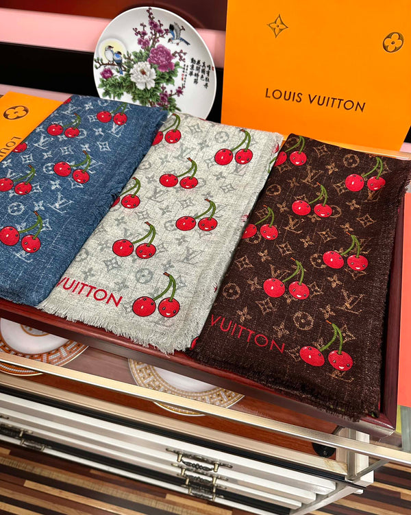 LV Double-Sided Cherry Square Scarf 140cm Gray Silk Cashmere 839717
