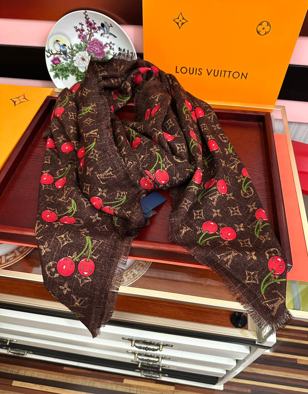 LV Double-Sided Cherry Square Scarf 140cm Brown Silk Cashmere 839715