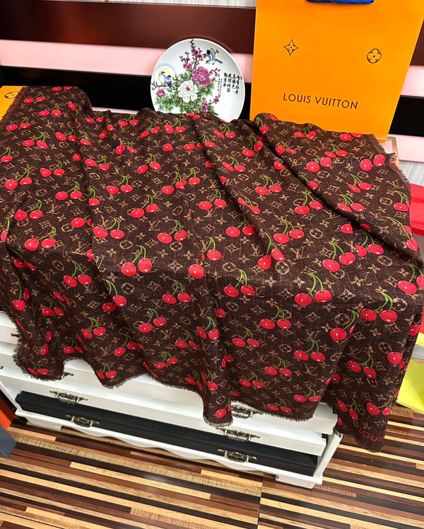 LV Double-Sided Cherry Square Scarf 140cm Brown Silk Cashmere 839715