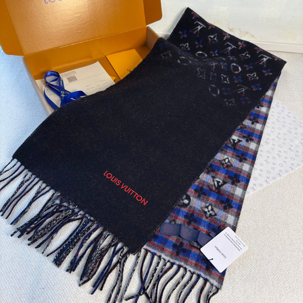 LV Double-Sided Gradient Plaid Scarf Black Wool Cashmere 839549