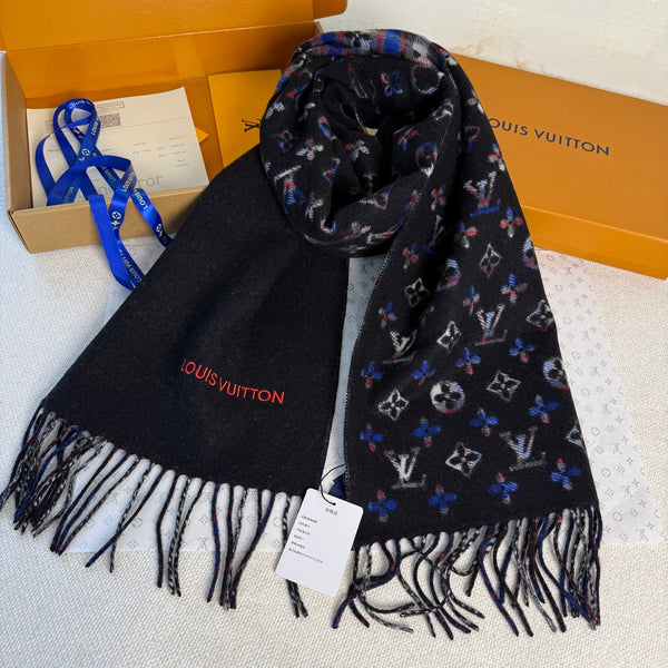 LV Double-Sided Gradient Plaid Scarf Black Wool Cashmere 839549