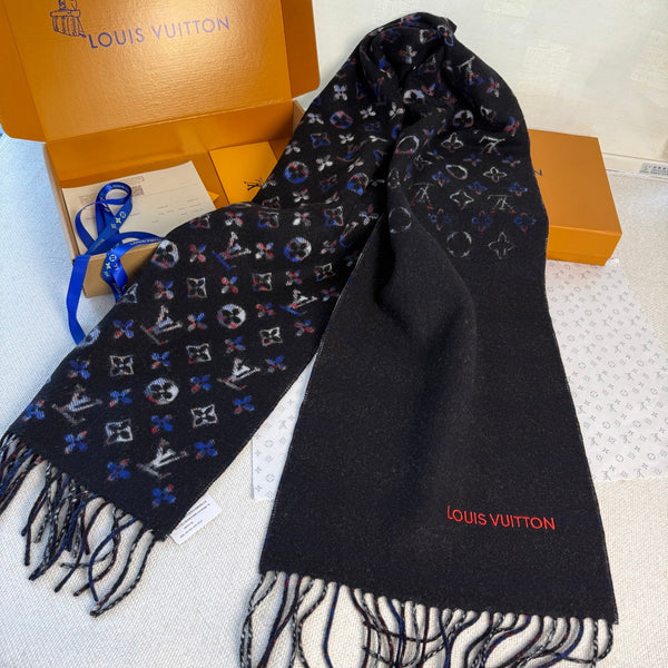 LV Double-Sided Gradient Plaid Scarf Black Wool Cashmere 839549