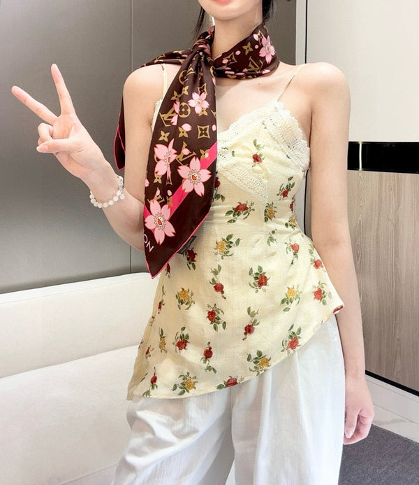 LV x TM MONOGRAM CHERRY BLOSSOM DOUBLE-SIDED BLACK SILK SCARF 839487