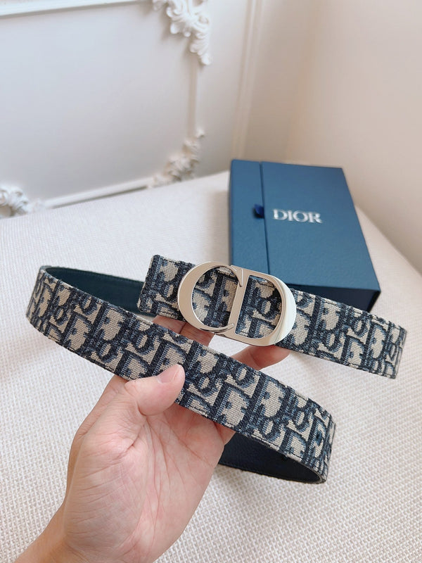 CD Belt 35mm Black Beige Canvas Black Calfskin Silver Buckle