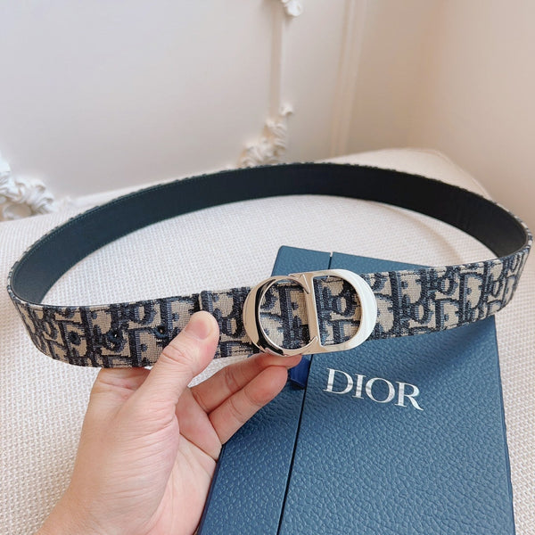 CD Belt 35mm Black Beige Canvas Black Calfskin Silver Buckle