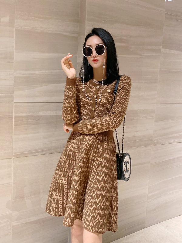 Fendi FF Logo Long Sleeve Jacquard Brown Fabric Wool Dress
