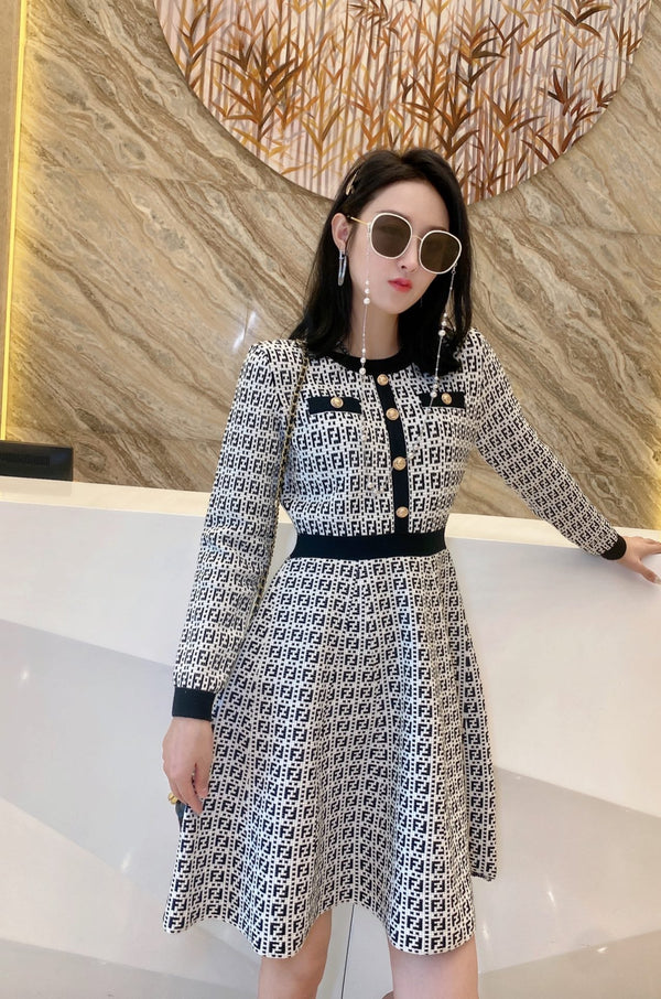 Fendi FF Logo Long Sleeve Jacquard Button Black White Fabric Wool Dress