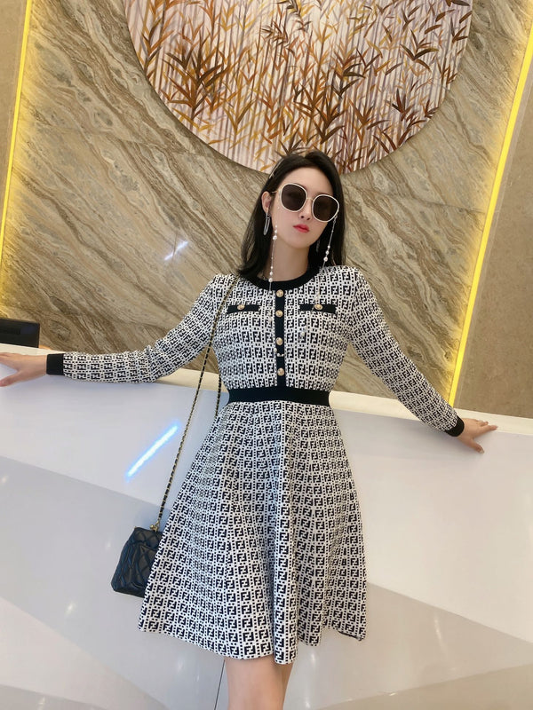 Fendi FF Logo Long Sleeve Jacquard Button Black White Fabric Wool Dress