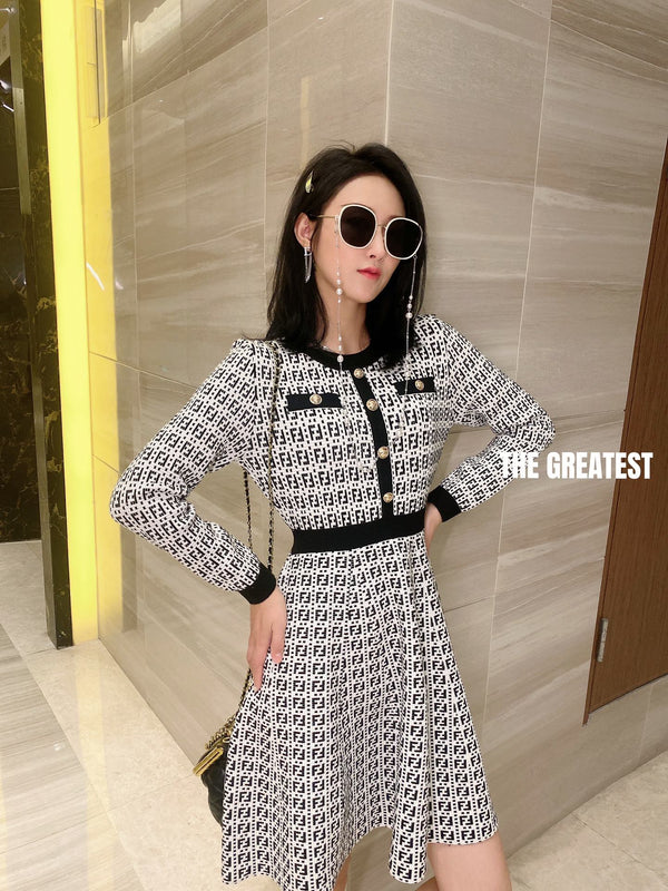 Fendi FF Logo Long Sleeve Jacquard Button Black White Fabric Wool Dress