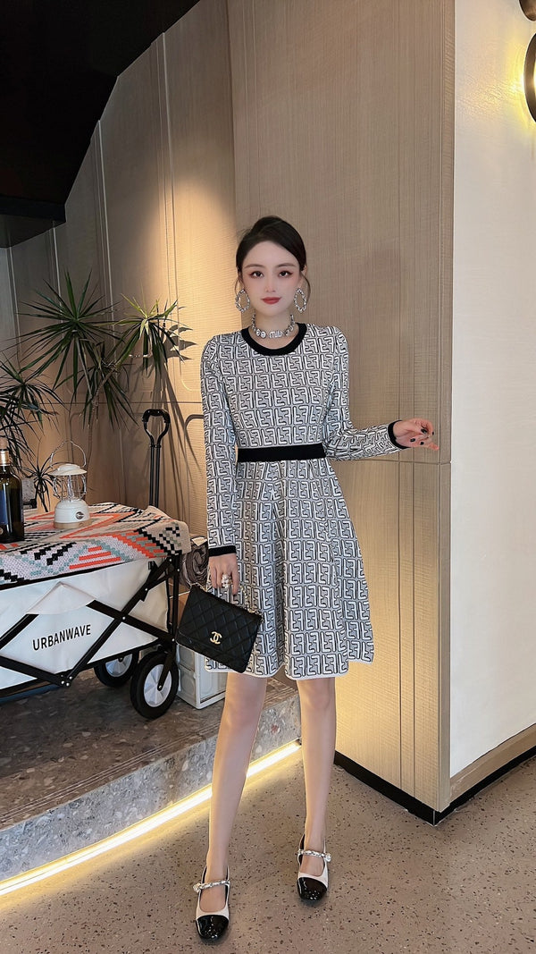 Fendi FF Logo Long Sleeve Jacquard Round Collar Gray Fabric Dress