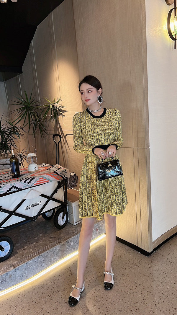 Fendi FF Logo Long Sleeve Jacquard Round Collar Yellow Fabric Dress