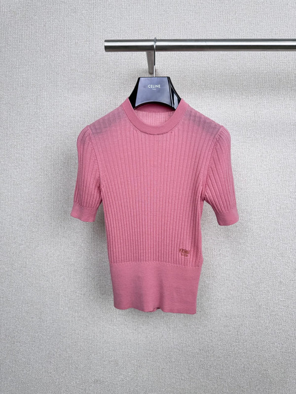 Fendi 25F Knitted Short Sleeves Shirt Pink Wool