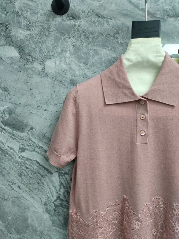 Fendi 25SS Polo Collar Lace Hem Soft Pink Cashmere Shirt