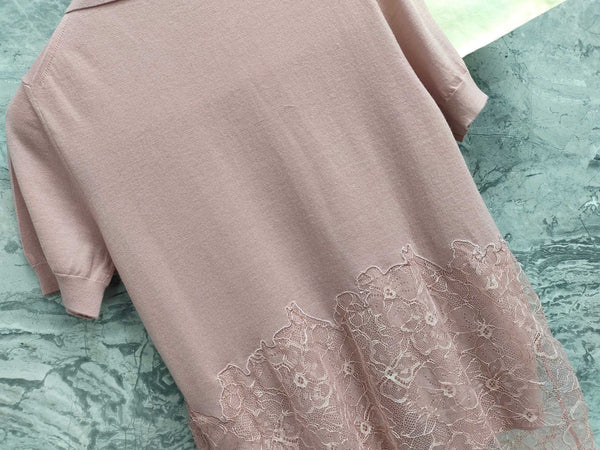 Fendi 25SS Polo Collar Lace Hem Soft Pink Cashmere Shirt