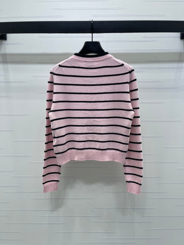 CC 25 Round Neck Striped Knitted Wool Pink Cardigan
