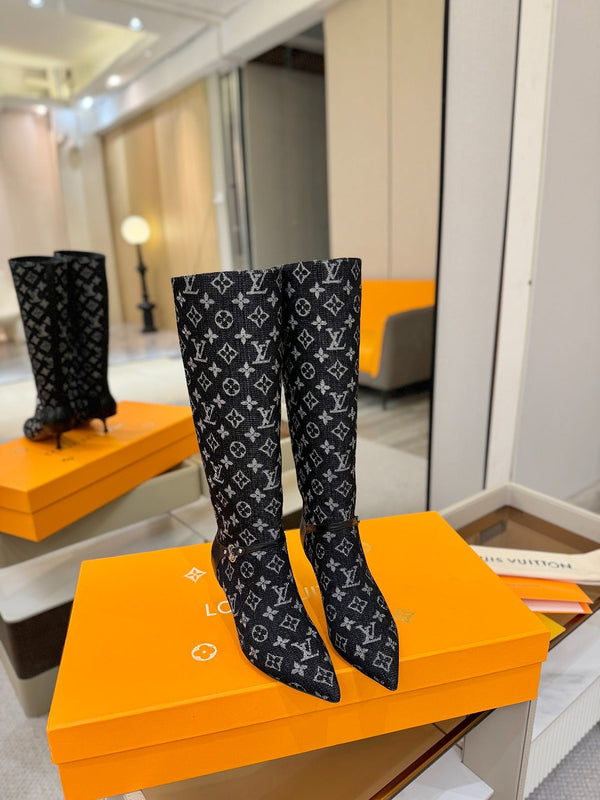 LV 6AM High Boots 55mm Heel Navy Blue Denim 504803