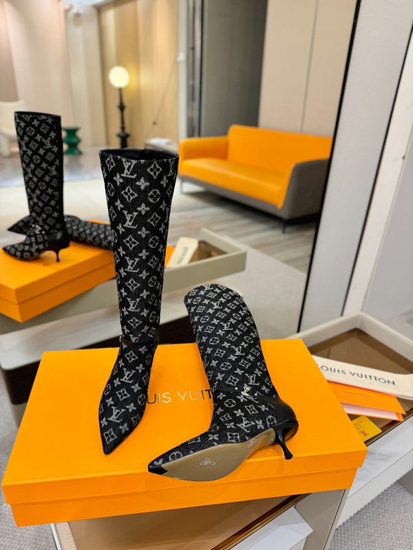 LV 6AM High Boots 55mm Heel Navy Blue Denim 504803