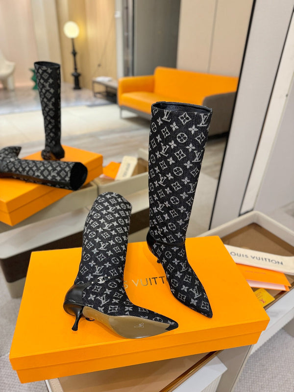 LV 6AM High Boots 55mm Heel Navy Blue Denim 504803