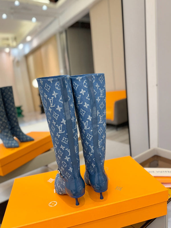 LV 6AM High Boots 55mm Heel Blue Denim 504802