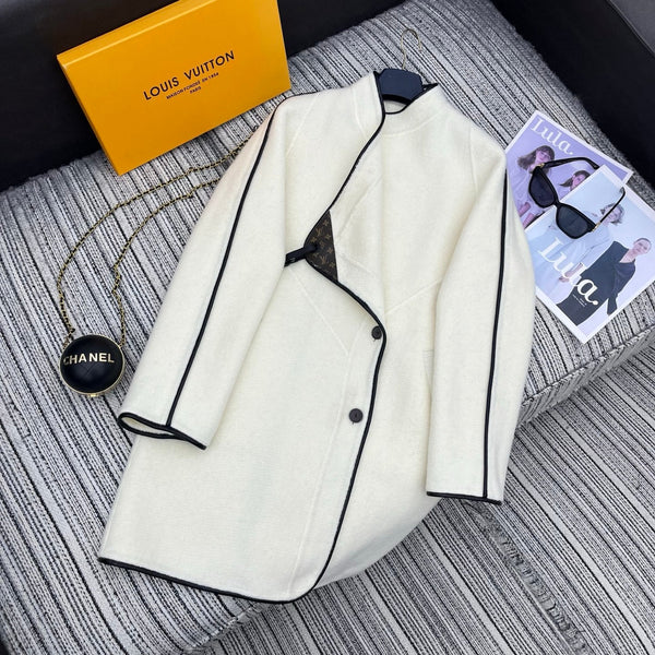 LV 25FW Double-Faced Wool Long Coat Lambskin Edge White 311684