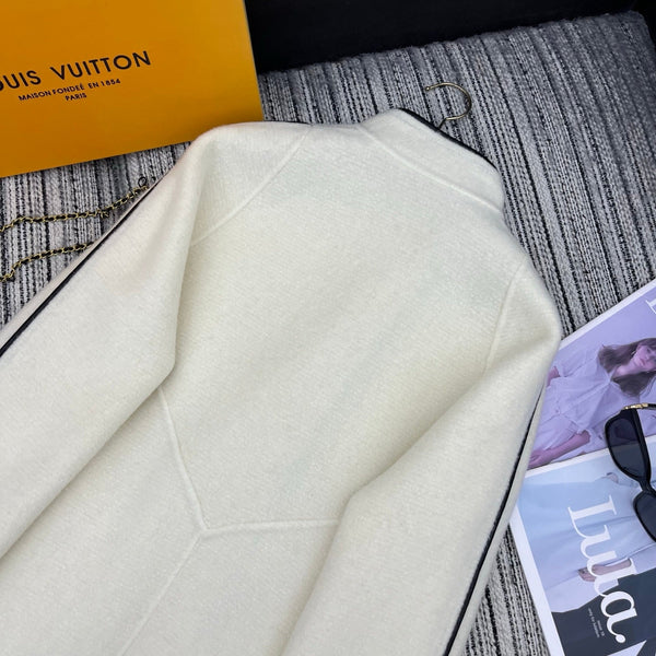 LV 25FW Double-Faced Wool Long Coat Lambskin Edge White 311684