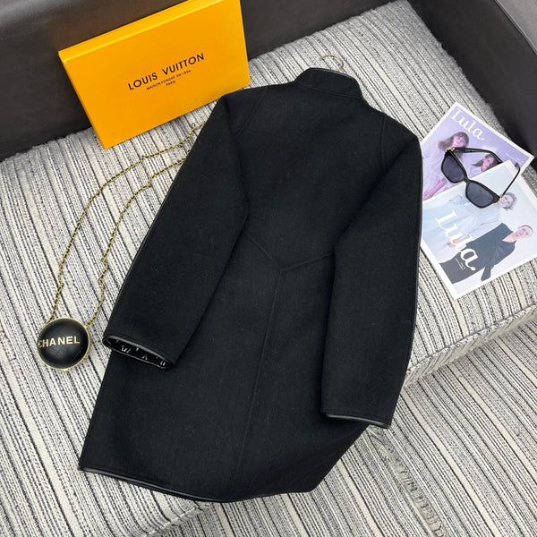 LV 25FW Double-Faced Wool Long Coat Lambskin Edge Black 311676