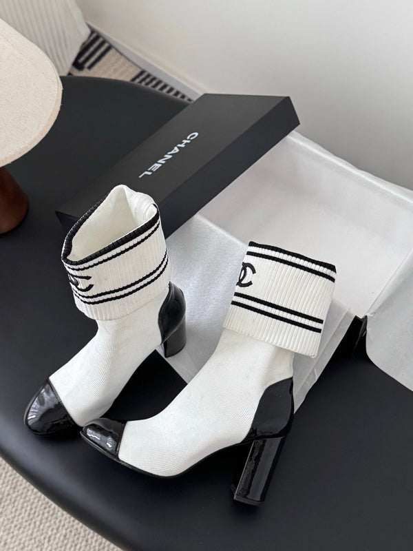 CC 25K Ankle Sock Boots 85mm Heel White Patent Calfskin and Lambskin 508004