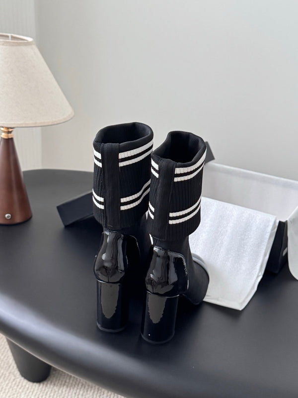 CC 25K Ankle Sock Boots 85mm Heel Black Patent Calfskin and Lambskin 508003