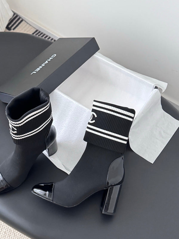 CC 25K Ankle Sock Boots 85mm Heel Black Patent Calfskin and Lambskin 508003