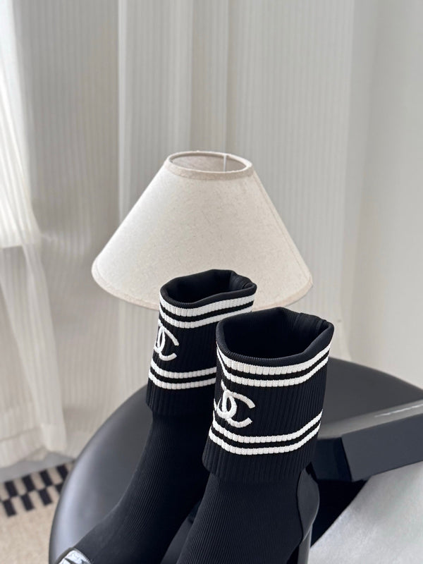 CC 25K Ankle Sock Boots 85mm Heel Black Patent Calfskin and Lambskin 508003