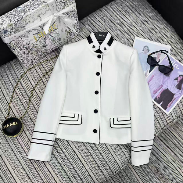 CD 25FW Stand Collar Black and White Contrast Polyester Suit Jacket