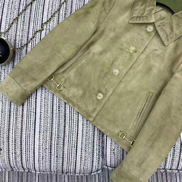 GG 25FW Metal Chain Hem Lapel Jacket Olive Green Suede Lambskin