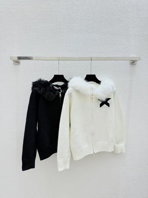 CD Feather-embellished Hooded Knit Long-sleeved Cardigan with Back Lettering