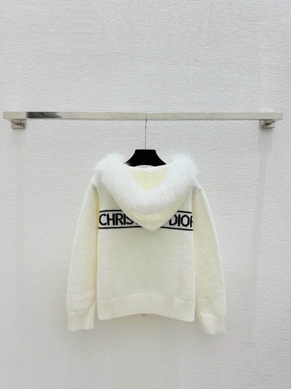 CD Feather-embellished Hooded Knit Long-sleeved Cardigan with Back Lettering