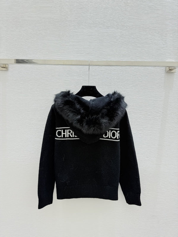 CD Feather-embellished Hooded Knit Long-sleeved Cardigan with Back Lettering