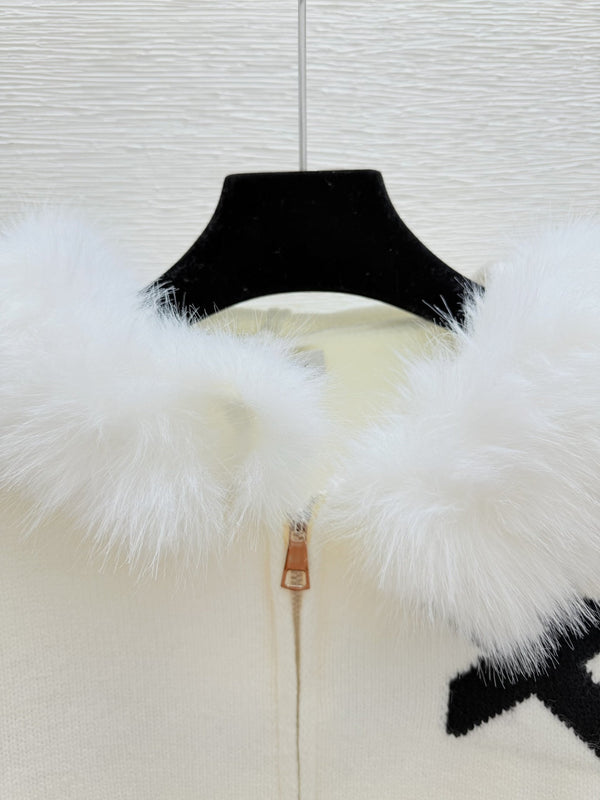 CD Feather-embellished Hooded Knit Long-sleeved Cardigan with Back Lettering