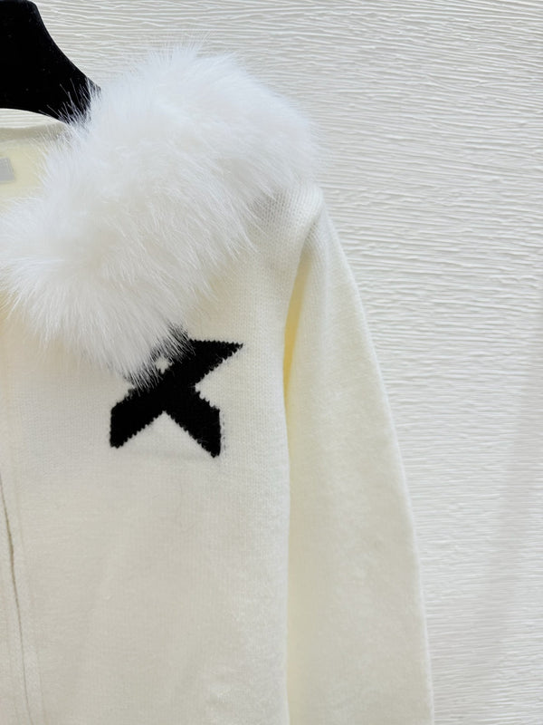 CD Feather-embellished Hooded Knit Long-sleeved Cardigan with Back Lettering