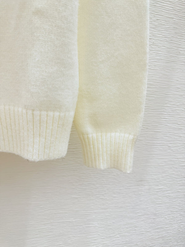 CD Feather-embellished Hooded Knit Long-sleeved Cardigan with Back Lettering