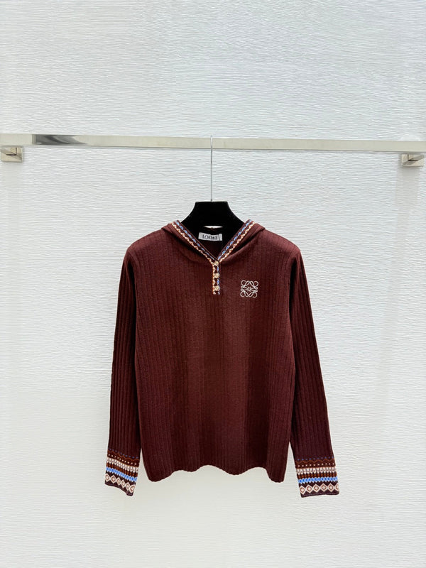 Loewe Hooded Contrast Striped Knit Wool Cashmere Long Sleeve Top