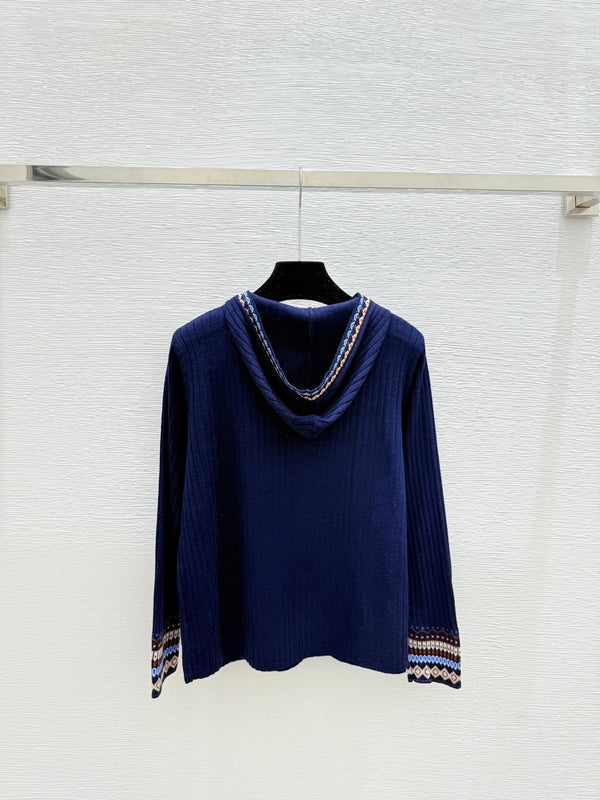 Loewe Hooded Contrast Striped Knit Wool Cashmere Long Sleeve Top