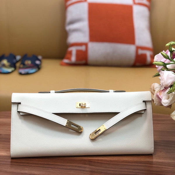 HM Kelly Cut 31cm White Swift Leather Ghw