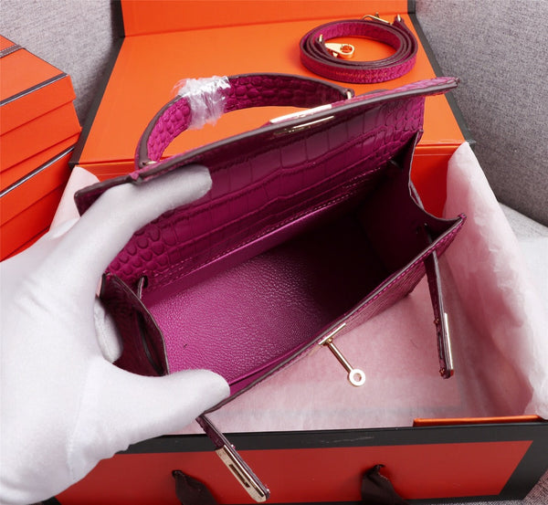 HM KELLY MINI 22 BARBIE PINK CROCODILE EMBOSSED CALFSKIN GOLD HARDWARE