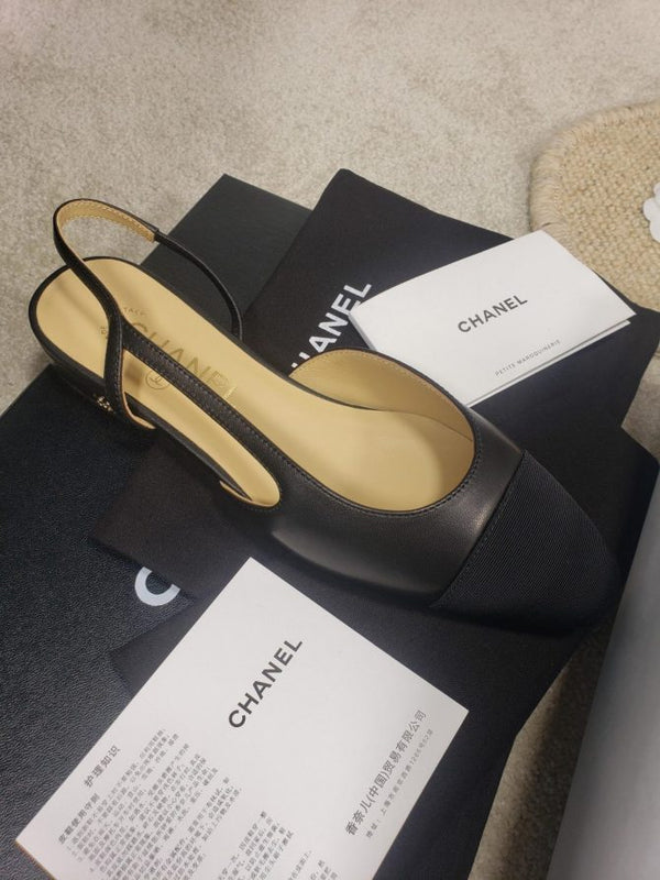 CC Slingback Flat Beige Lambskin Black Grosgrain Lambskin